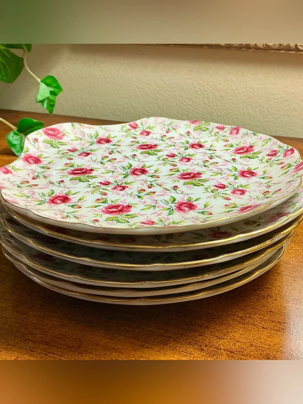 Vintage Lefton China Rose Chintz Snack Plates-Set of 6 (Pattern # 637R)